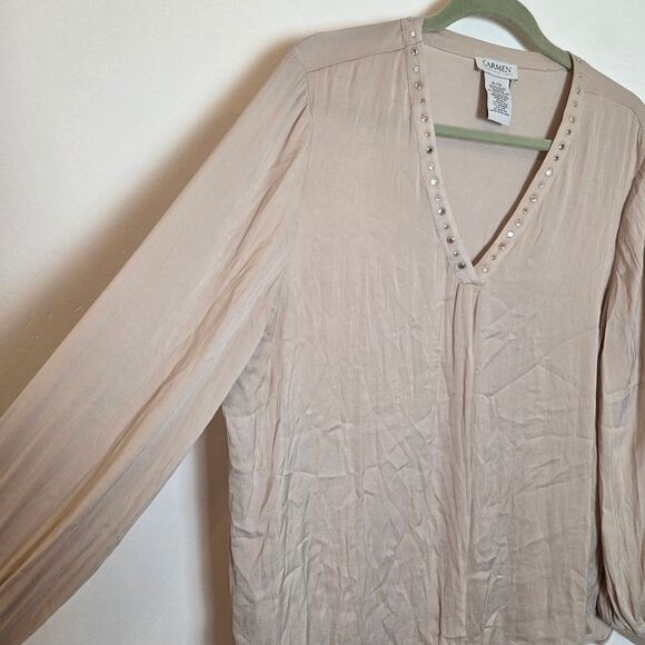 Carmen Marc Valvo Taupe Satin Peasant Blouse Top Slinky Formal Y2K Rhinestone XL - Picture 2 of 7
